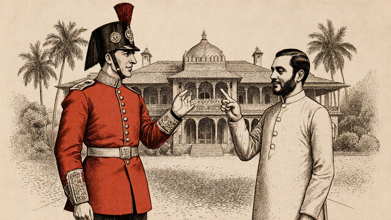 19th‑century British soldier and Indian local exchanging farewells in colonial attire.
