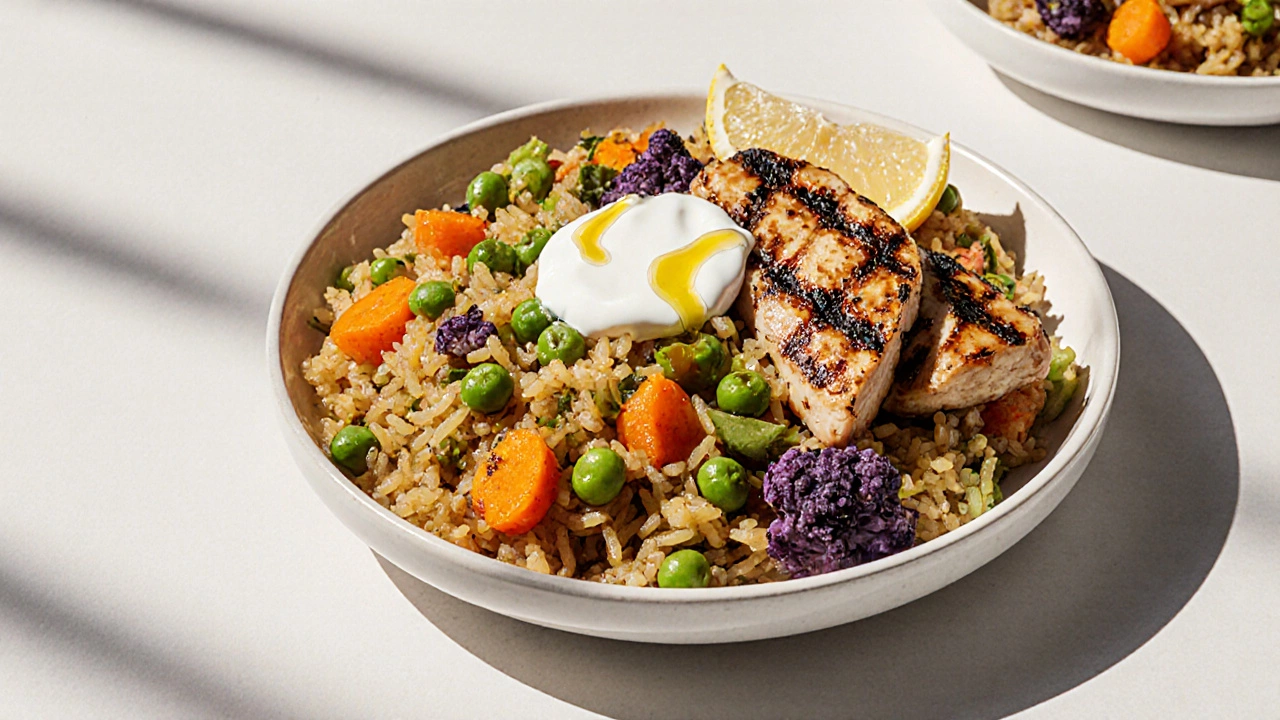 A vibrant plate of healthier biryani made with brown rice, vegetables, lean chicken, olive oil drizzle, and yogurt garnish.