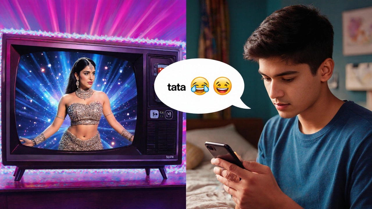 Bollywood character and teen on phone both displaying the word &#039;tata&#039; in a colorful collage.