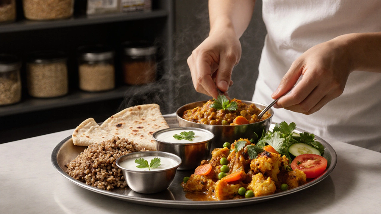 Chef arranging a health‑focused Indian vegetarian thali with brown rice, whole‑wheat roti, tofu, and yogurt.