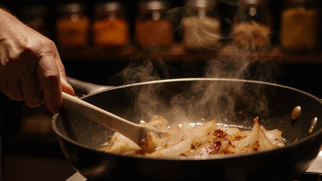 Chef sautéing white onions in ghee, creating a golden curry base.