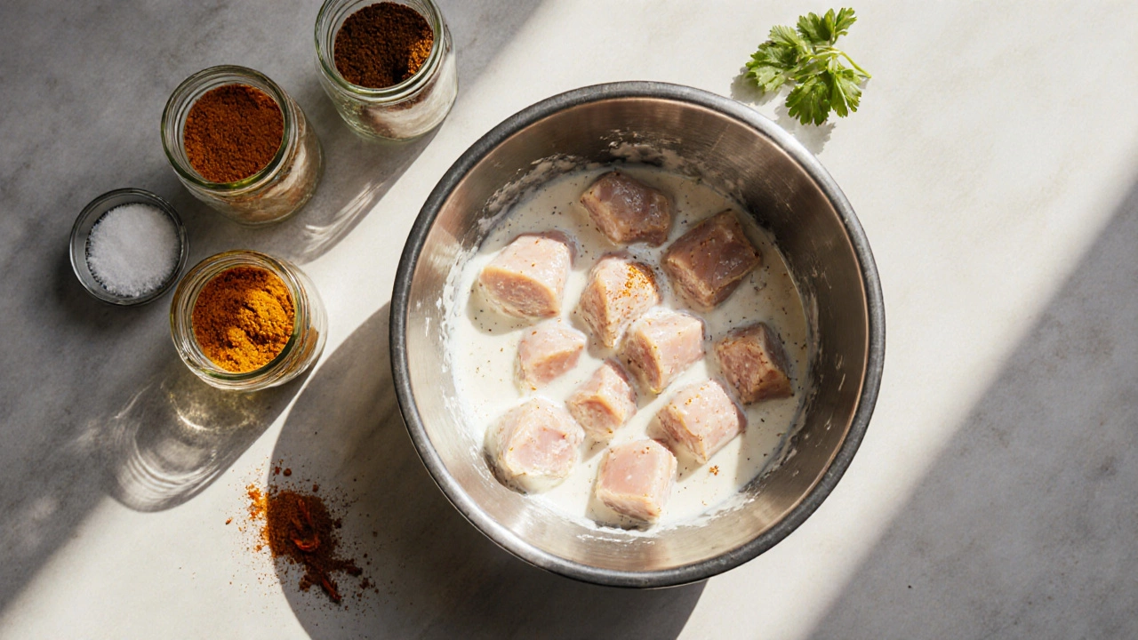 Chicken pieces being marinated in Greek yogurt and spices in a kitchen bowl.