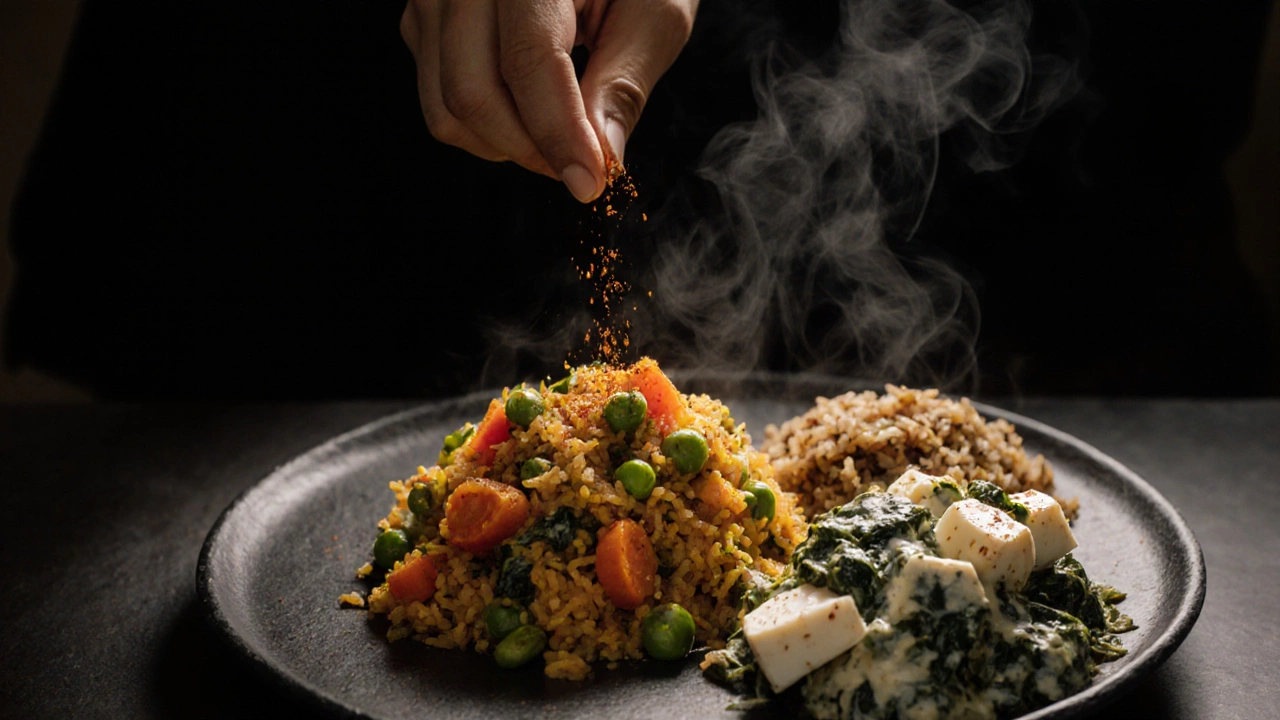 Cinematic plate of vegetable biryani, paneer, and quinoa rice with spices.