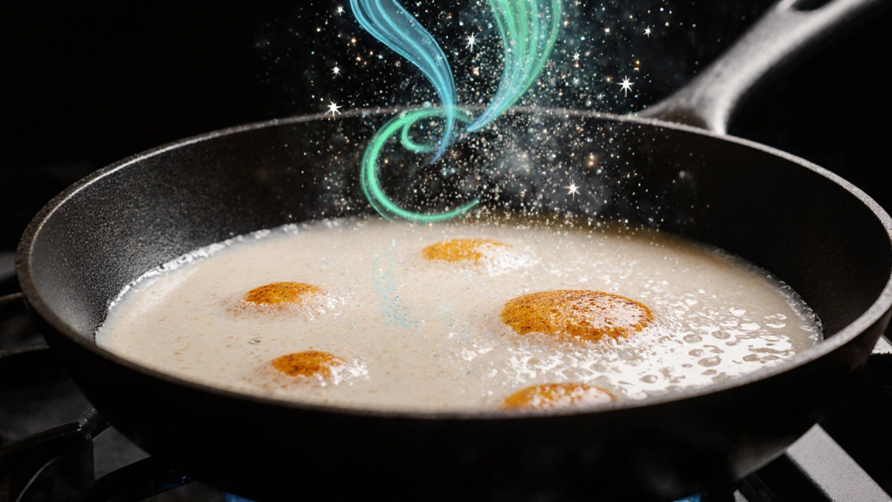 Close-up of a hot pan with batter forming golden spots and soda bubbles lifting.