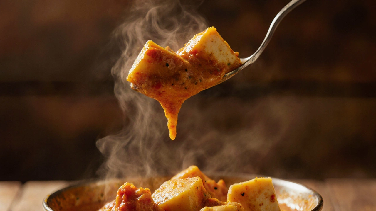 Close-up of creamy Paneer Butter Masala with buttery steam.