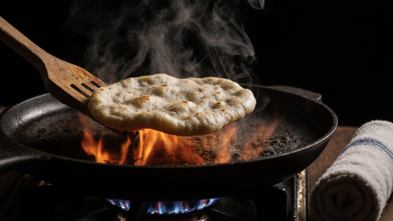 Cook lifting a puffed roti from a hot tawa with steam.