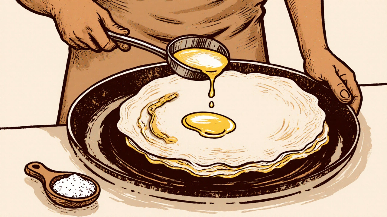 Cook spreading batter on sizzling pan, creating a crisp golden dosa with oil drizzle.