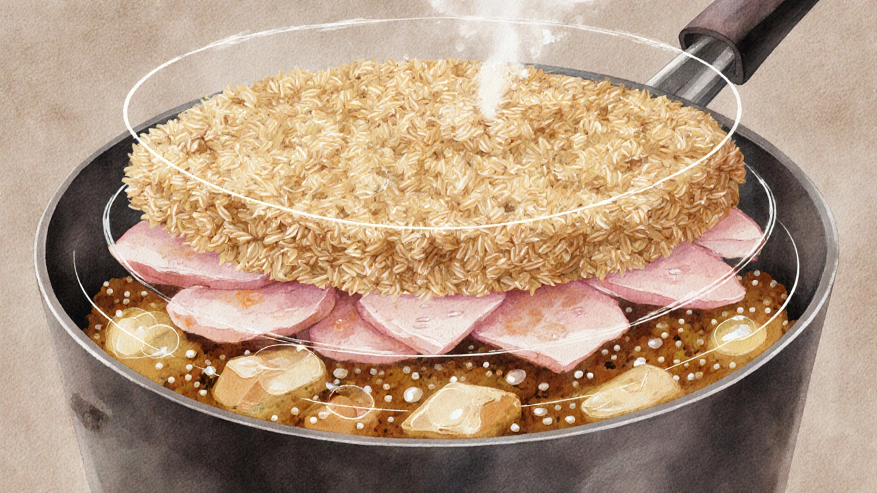 Cutaway view of a biryani pot showing layers of rice, meat, oil droplets, and salt crystals, highlighting calorie-dense ingredients.