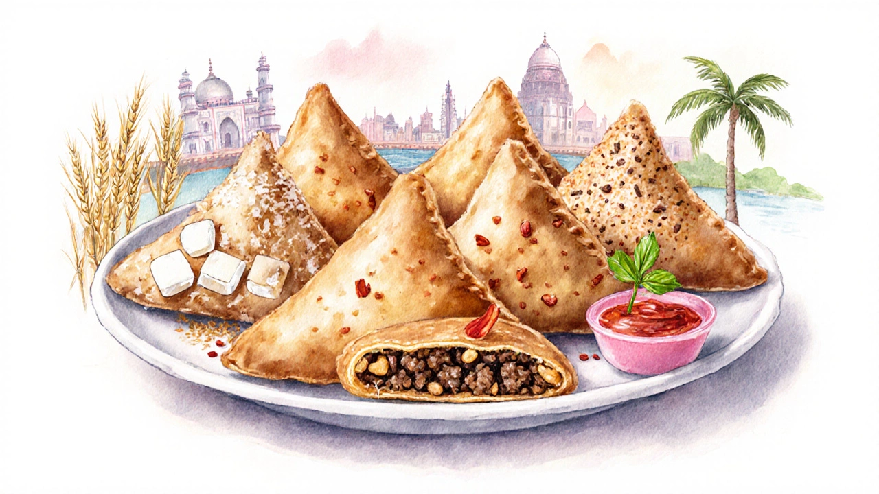 Five samosas illustrating regional fillings with subtle background landmarks.