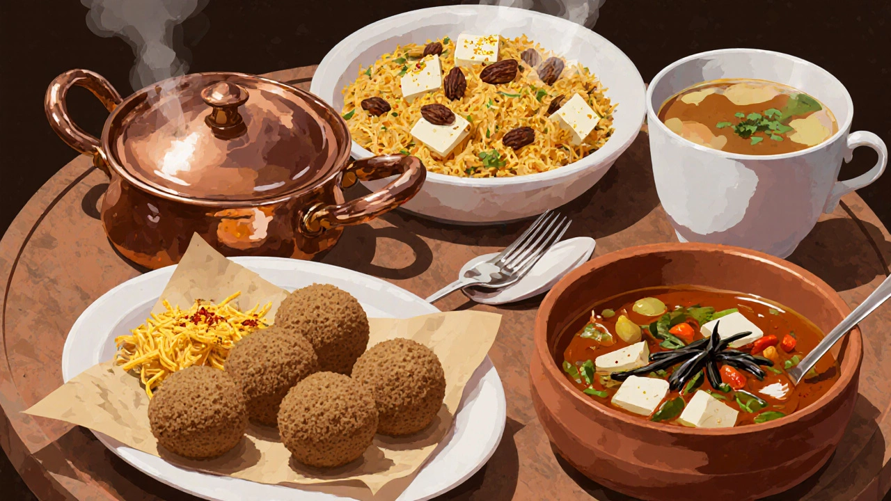 Five vegetarian dishes arranged on a platter: curry, biryani, falafel, ratatouille, miso soup.