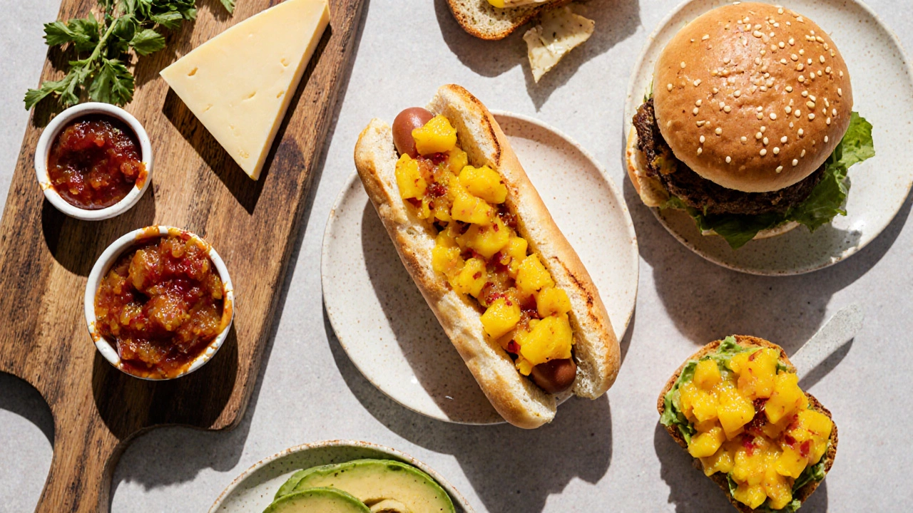 Flat lay of a hot dog, burger, cheese board, and avocado toast topped with fruit chutney relish.