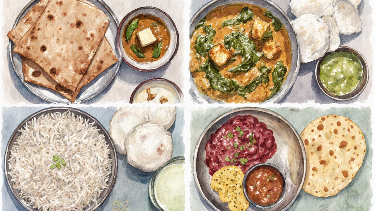 Four miniature thalis showing North, South, West, East Indian vegetarian dishes.