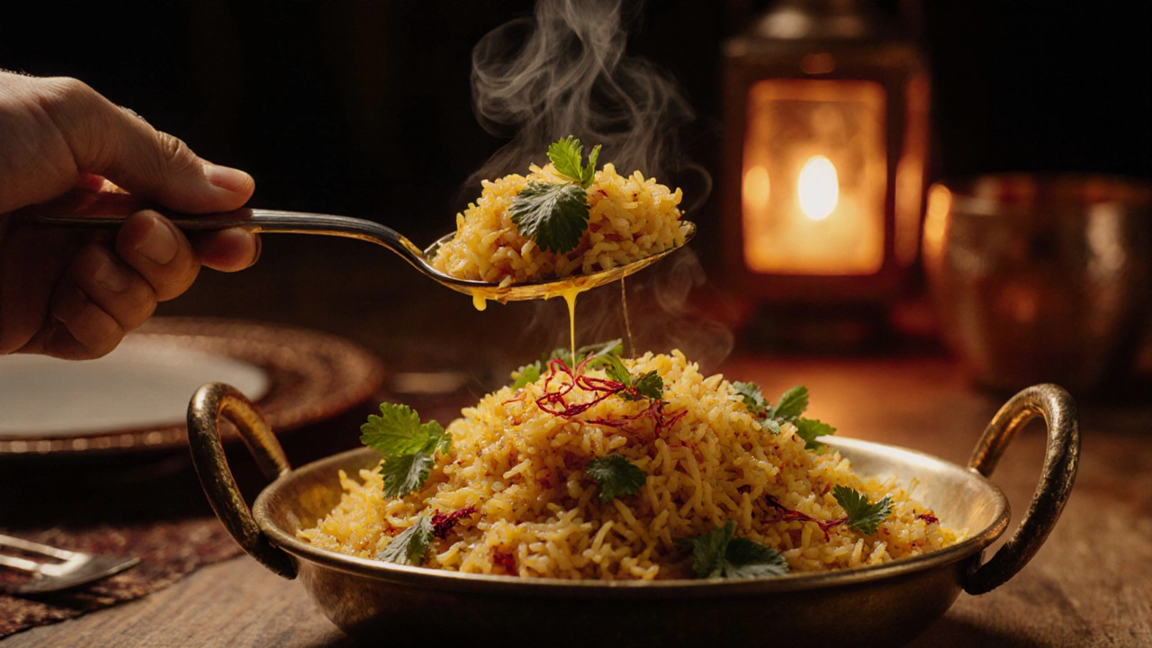 Golden biryani served on a platter, garnished with cilantro, saffron threads, and melted ghee.