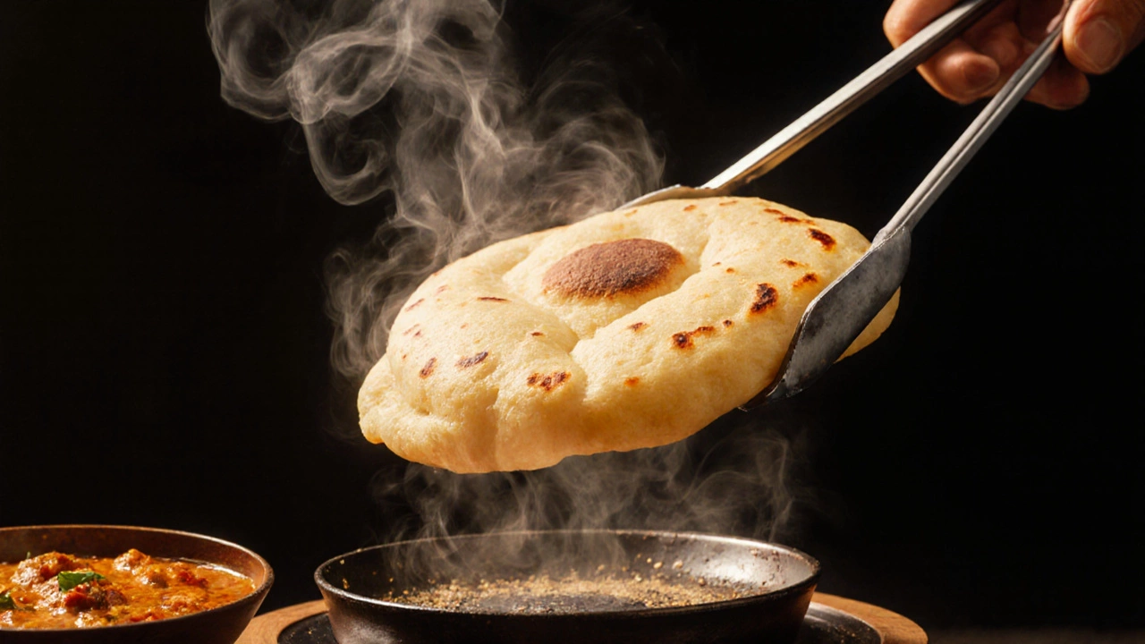 Golden puffed roti lifted by tongs, steam rising, placed beside curry.