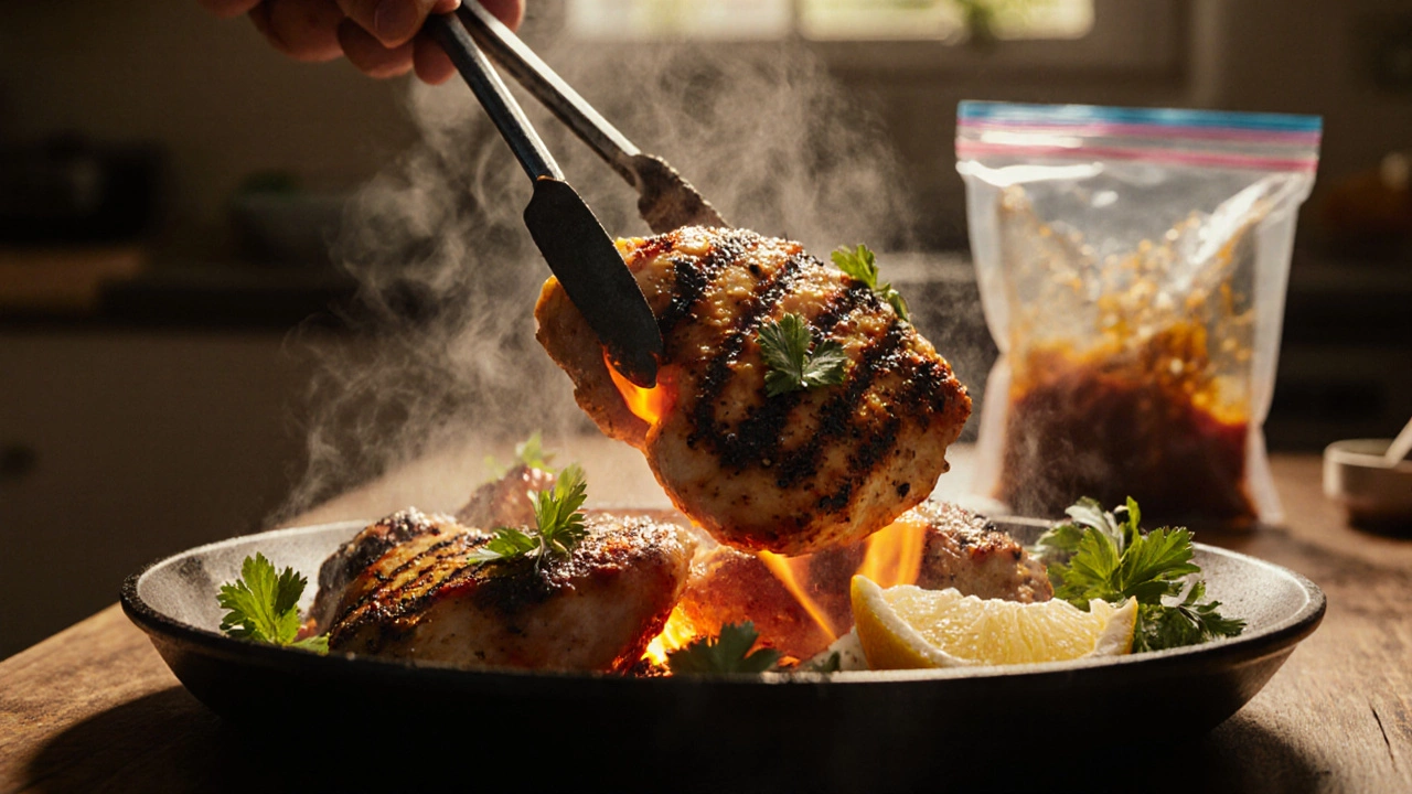 Grilled chicken thighs with charred marks on a plate, surrounded by fresh herbs.