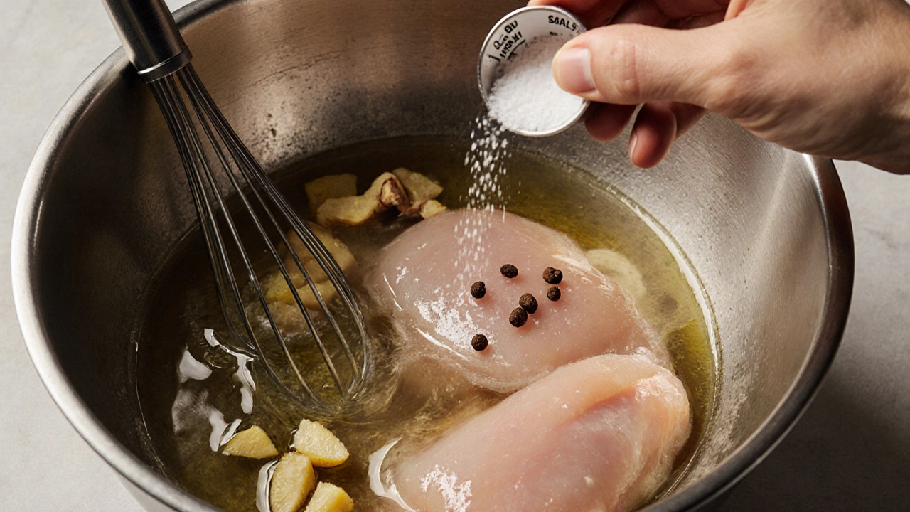 Hand whisking lemon‑oil mixture over chicken with garlic and herbs in a bowl.
