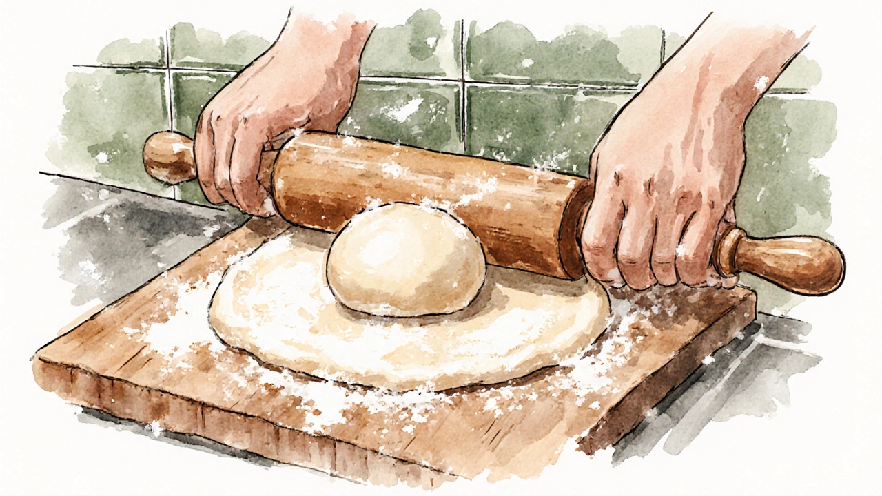 Hands rolling dough into a 6‑inch circle with a rolling pin.