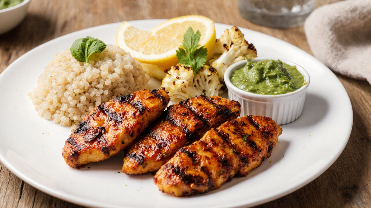 Healthy plated chicken tandoori with quinoa, roasted cauliflower, and chutney.