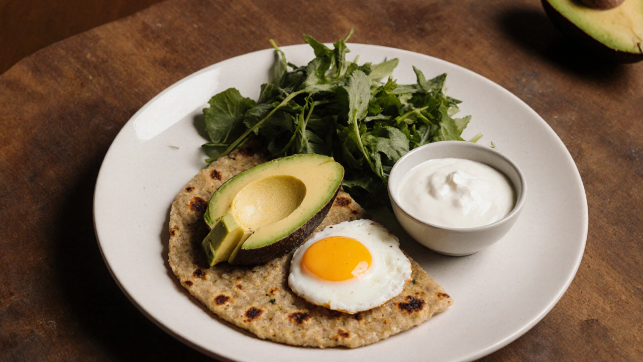 Millet dosa topped with avocado, egg, greens, and yogurt, presented as a balanced meal.