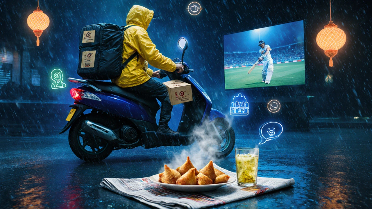 Rainy night delivery rider with hot‑box, samosas on a plate, cricket match on TV.