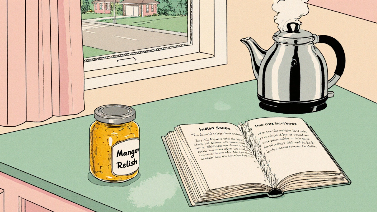 Retro kitchen scene with a jar of mango relish on the counter beside a 1950s cookbook.