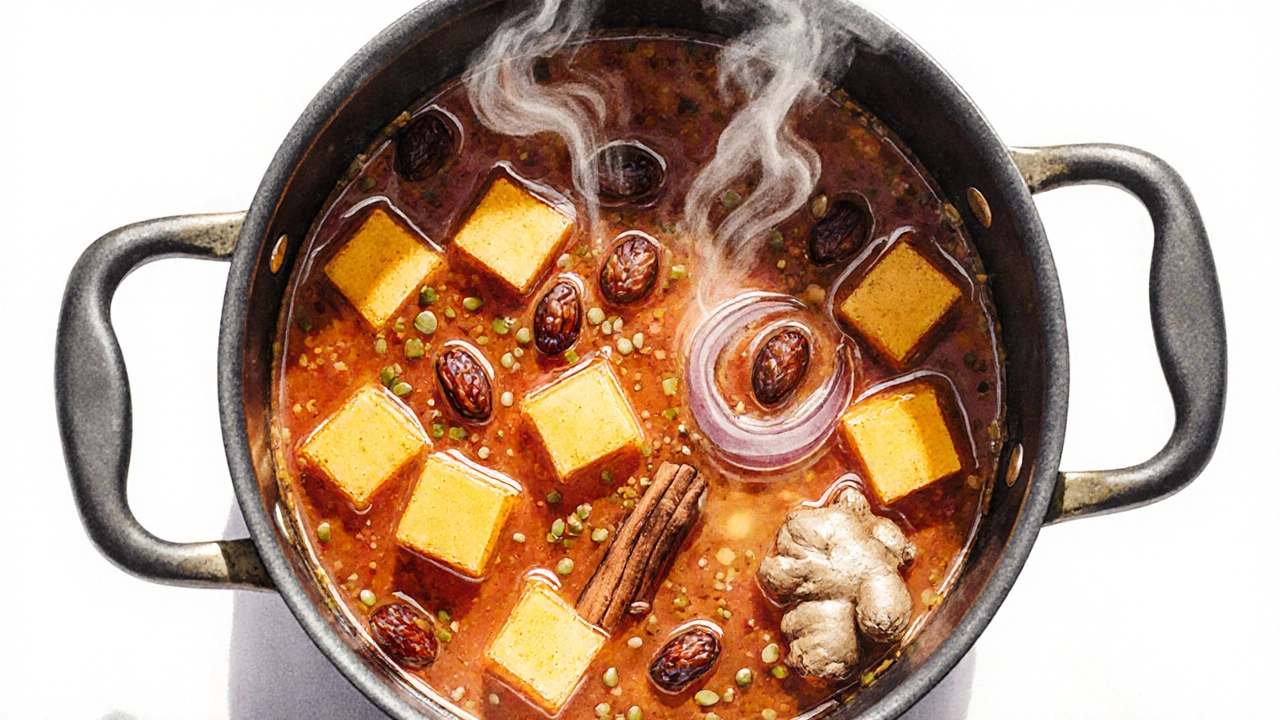 Saucepan of simmering mango chutney with visible raisins, onions, ginger, and spices.