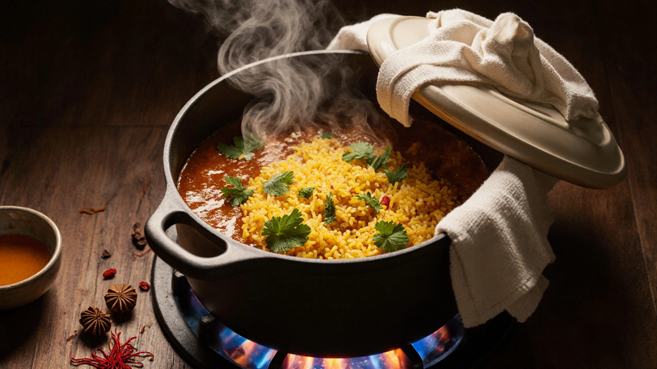 Sealed pot on low flame with dough lid, steam swirling from the edges.