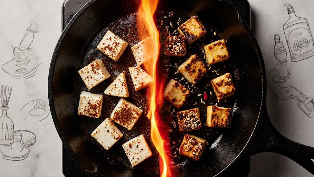 Skillet showing paneer and tofu sizzling side by side, flames licking the surface.
