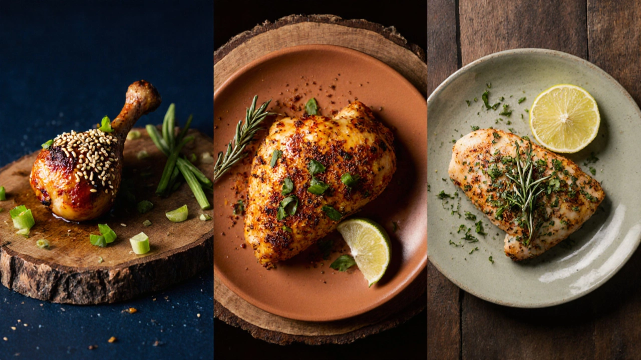 Three plated chicken pieces showing Asian, Mexican and herb‑fresh variations on rustic boards.