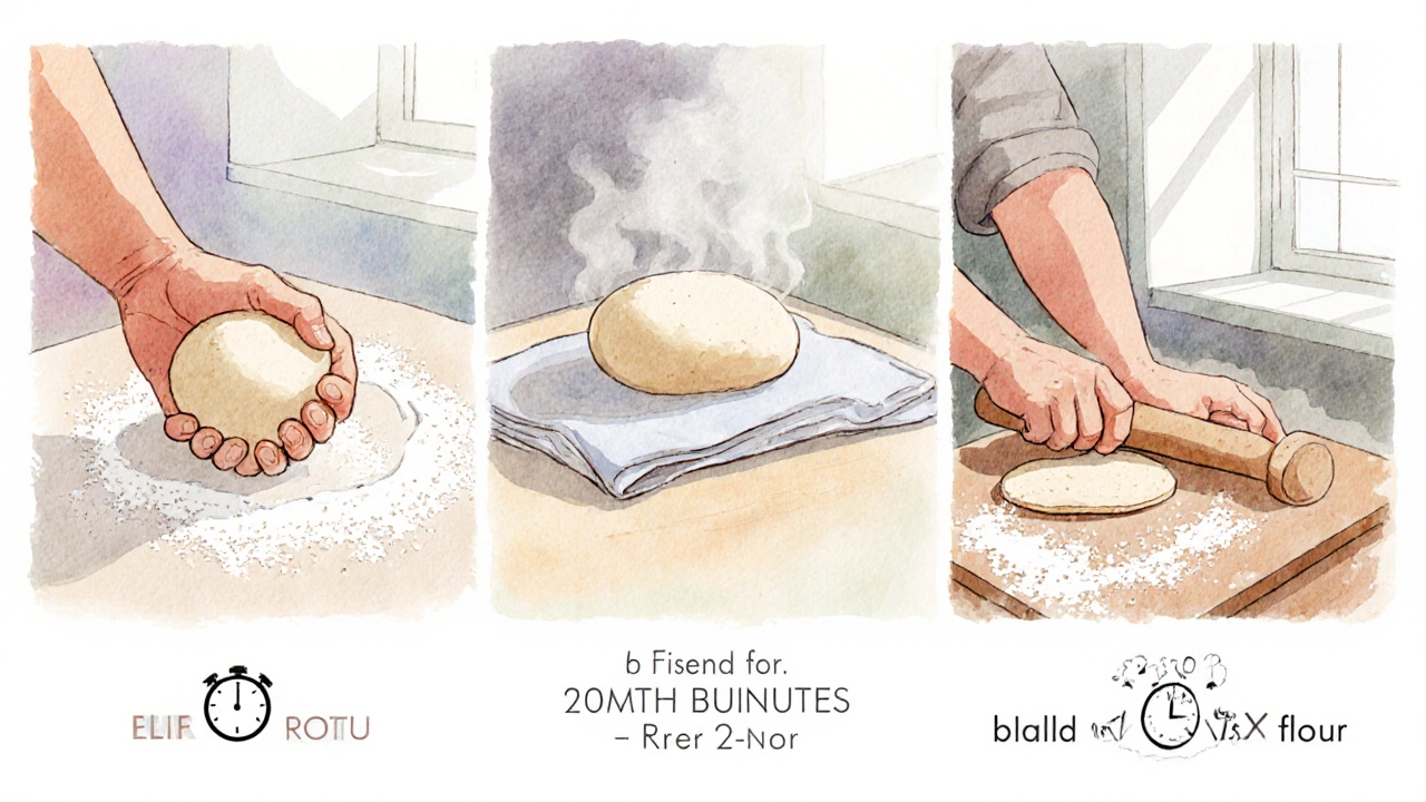 Three watercolor panels: kneading dough, dough resting, rolling dough thin.