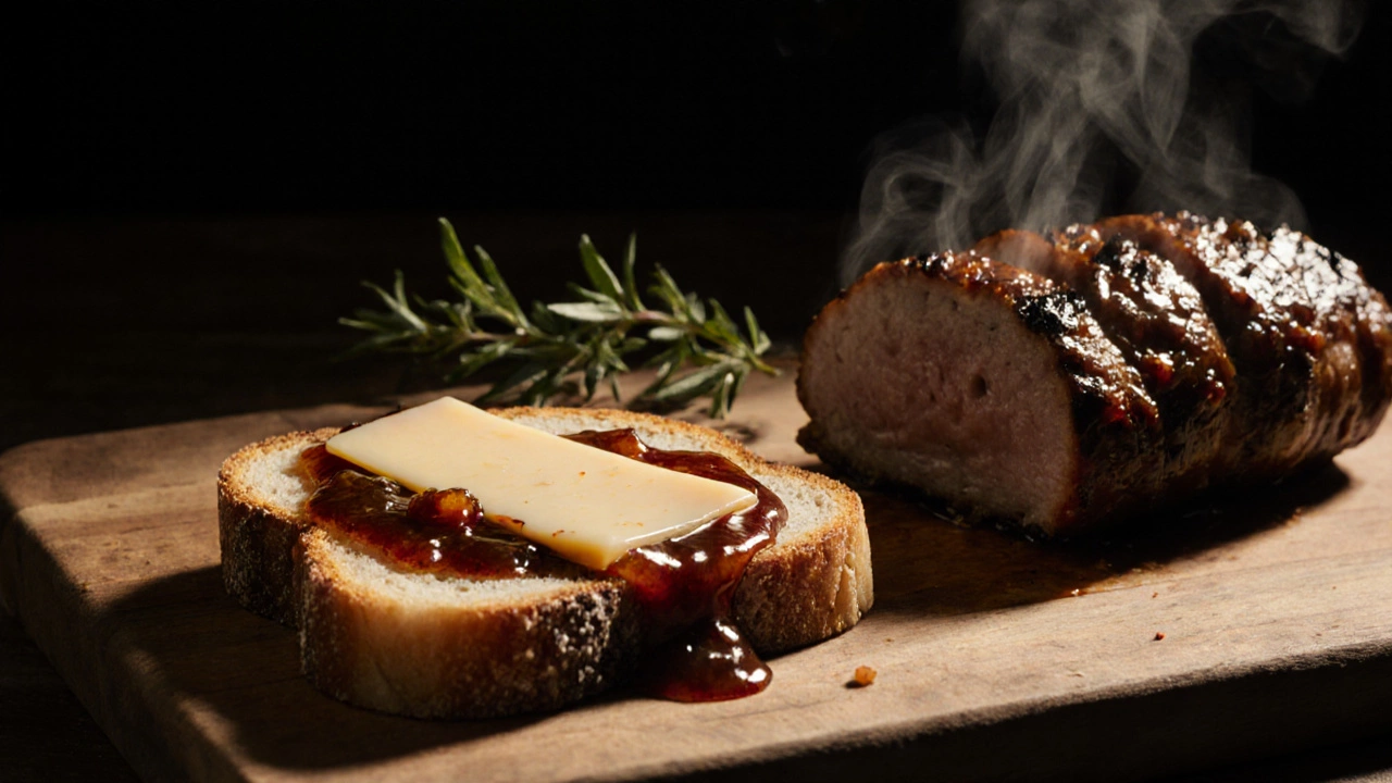 Toasted rye bread spread with chutney, cheddar cheese, and a piece of grilled pork tenderloin.