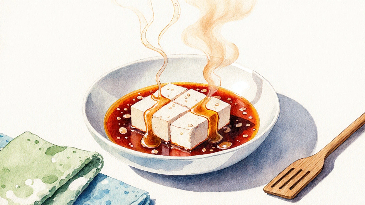 Tofu cubes soaking in a glossy soy‑ginger glaze, surrounded by steam.