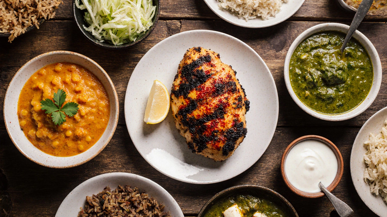 Top‑down shot of a balanced Indian meal: Moong dal, Tandoori chicken, Palak paneer, brown rice, cabbage thoran, and raita.
