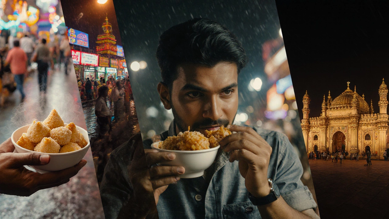 Travel montage of a foodie tasting sweets in Kolkata, Mumbai, Ahmedabad, Amritsar, and Chennai.