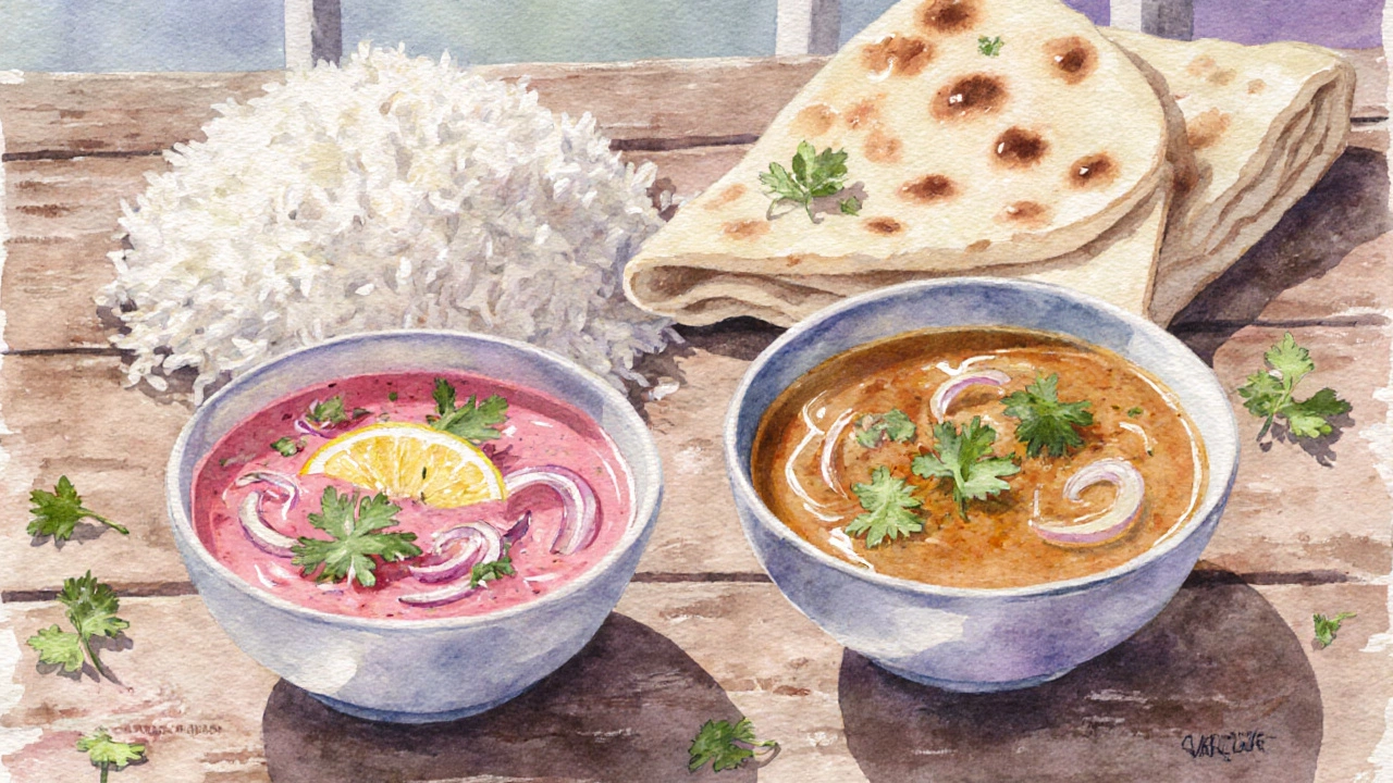 Two curry dishes side by side, red‑onion pink sauce and white‑onion clear sauce, served with rice and naan.