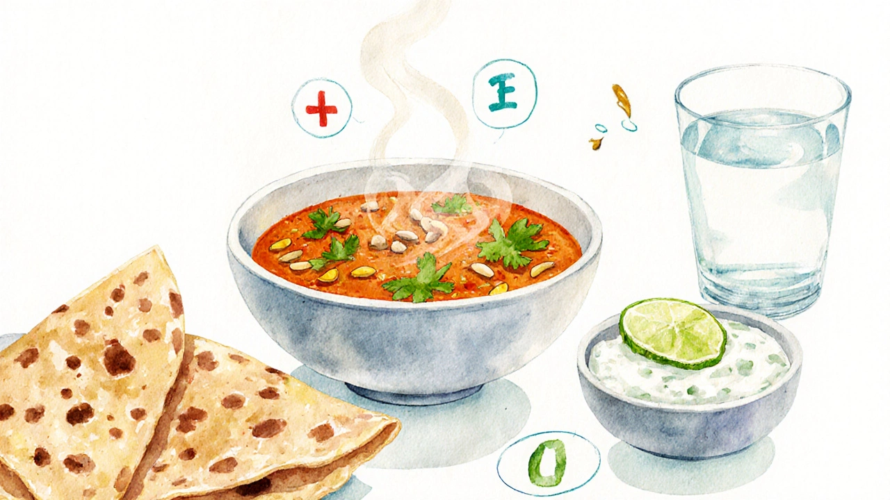 Watercolor kitchen scene with dal, roti, raita, and lime water.