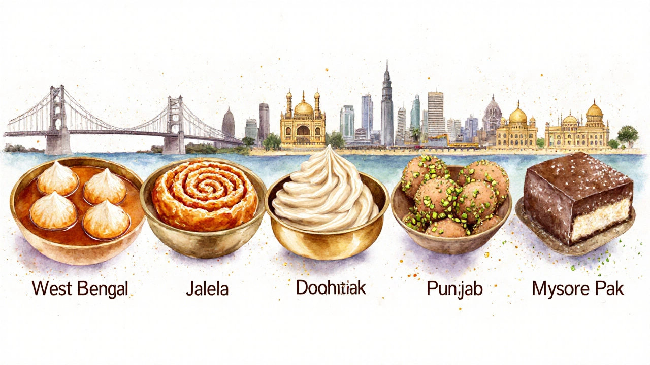 Watercolor strip showing rasgulla, jalebi, doodhpak, laddoo, and Mysore Pak with regional backdrops.