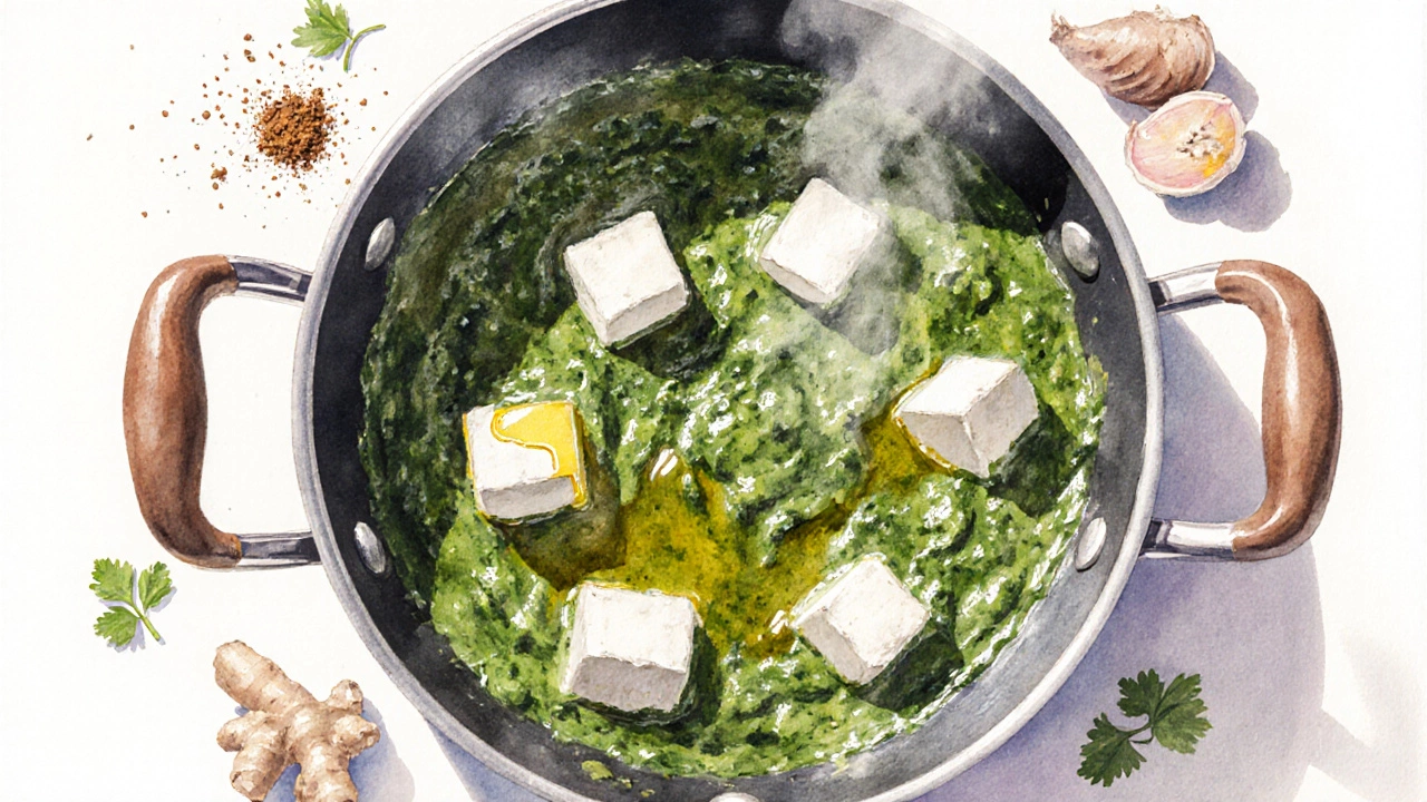 Watercolor view of creamy spinach paneer curry in a pan, garnished with mustard oil and cilantro.